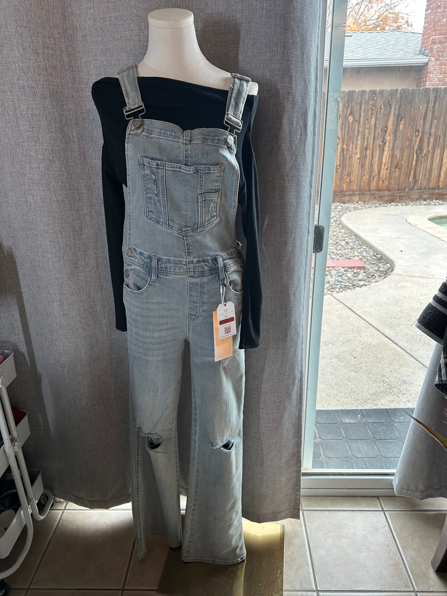 Distressed straight leg overalls