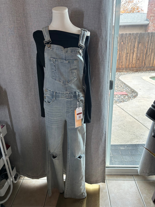 Distressed straight leg overalls